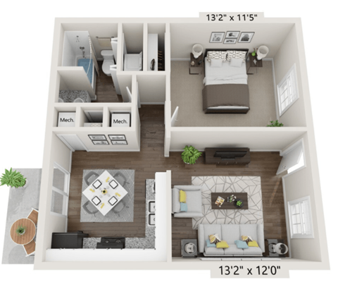 Floor plan for 1 bed, 1 bath, 647 sqft